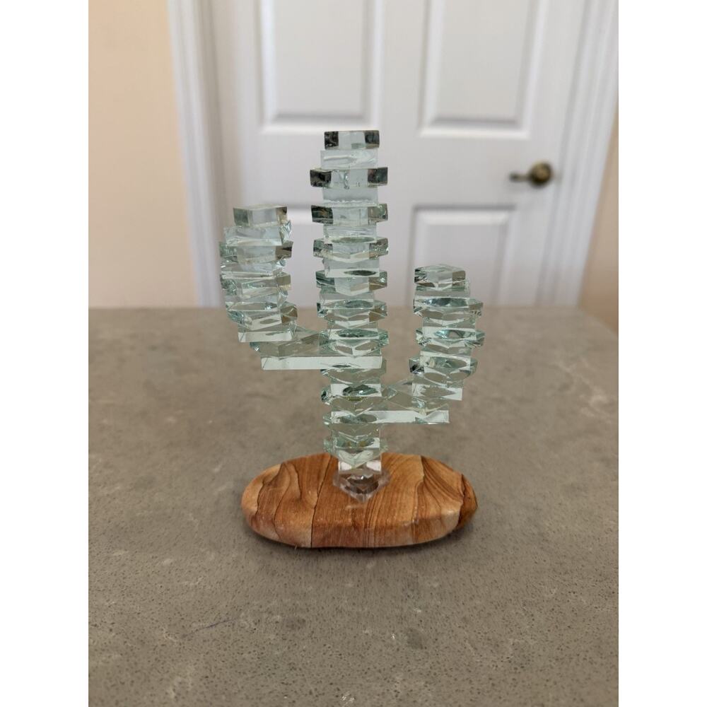 Vintage Cut Stacked Glass Cactus With Sand Stone